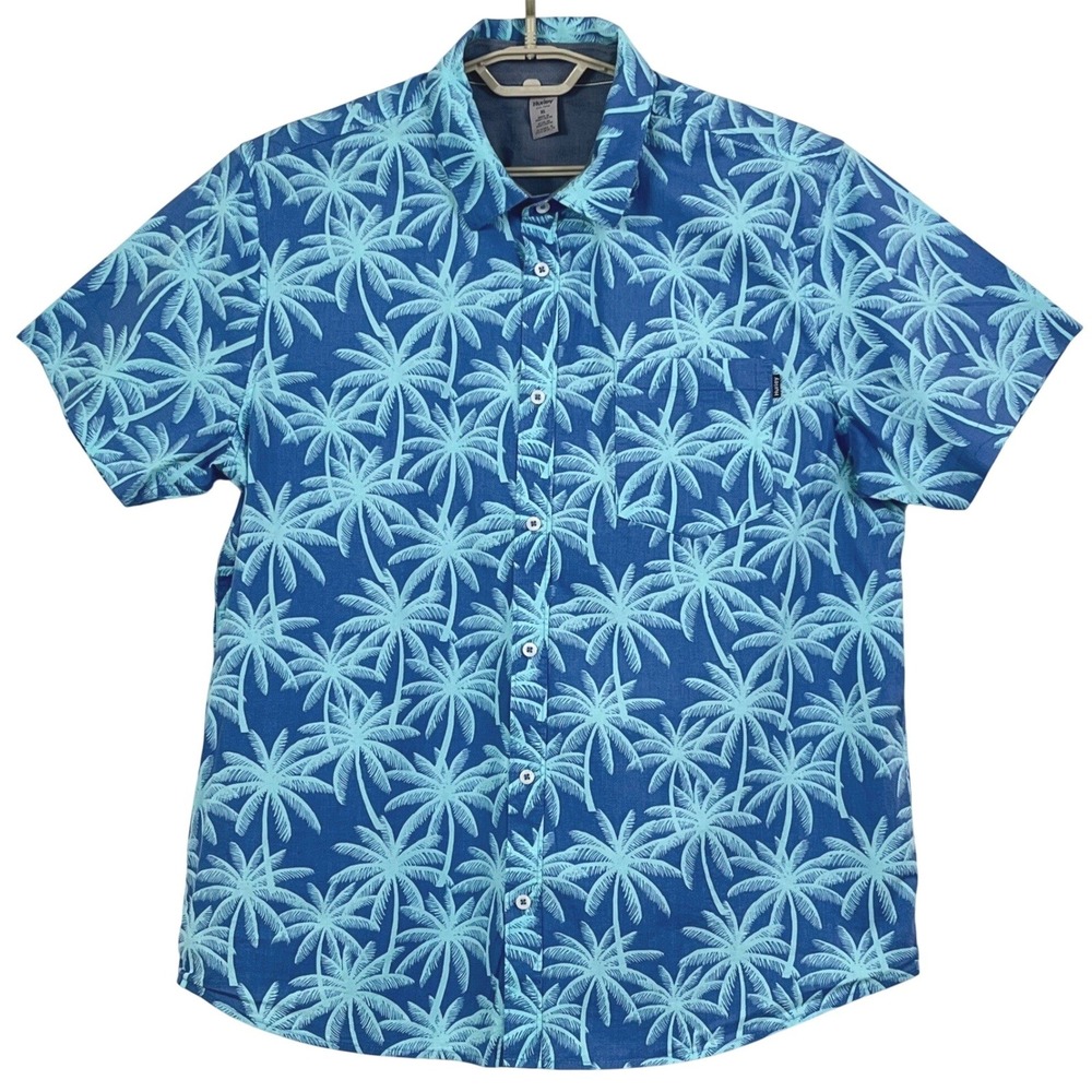 Hurley Mens Patio Woven Shirt XL Blue Palm Tree Print Short Sleeve Tropical Surf